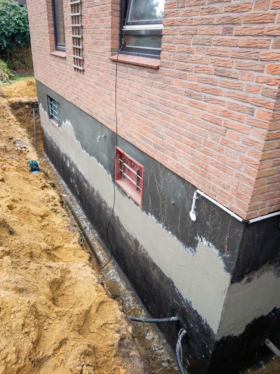 Die freigelegte Kelleraußenwand, egalisiert und mit der ersten Dichtungslage bis zur Sperrschicht versehen.