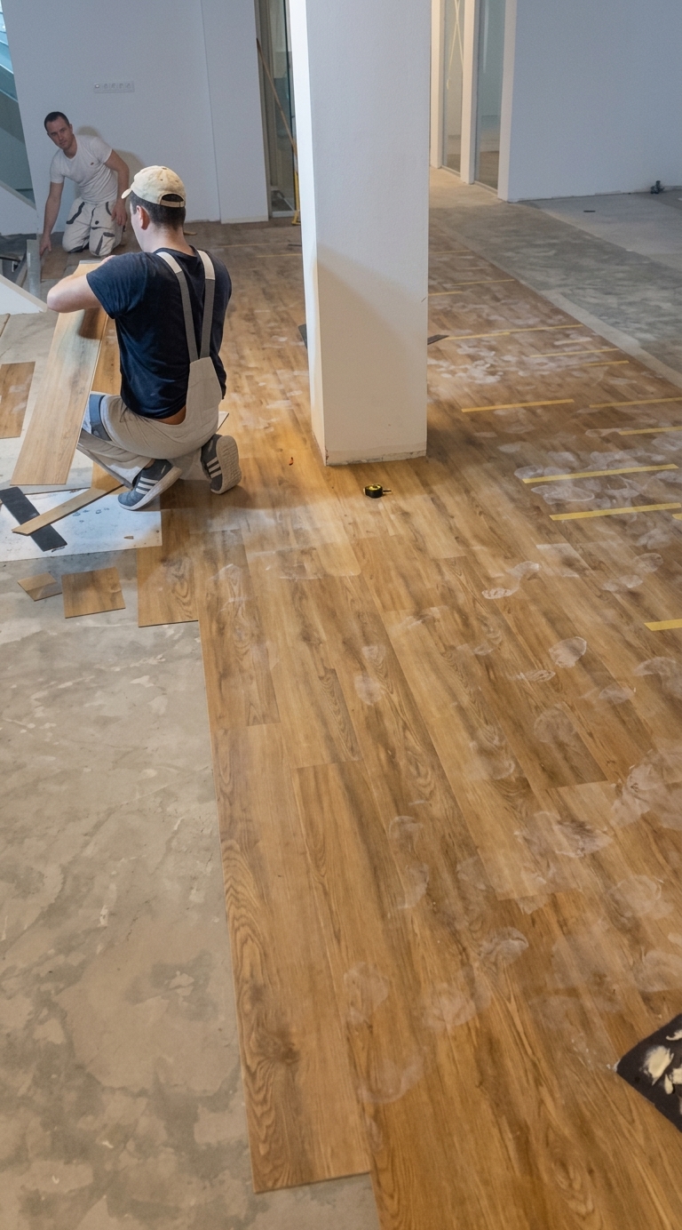 Verlegen des neuen Vinylbodens in Holzoptik über die offene Bürofläche.