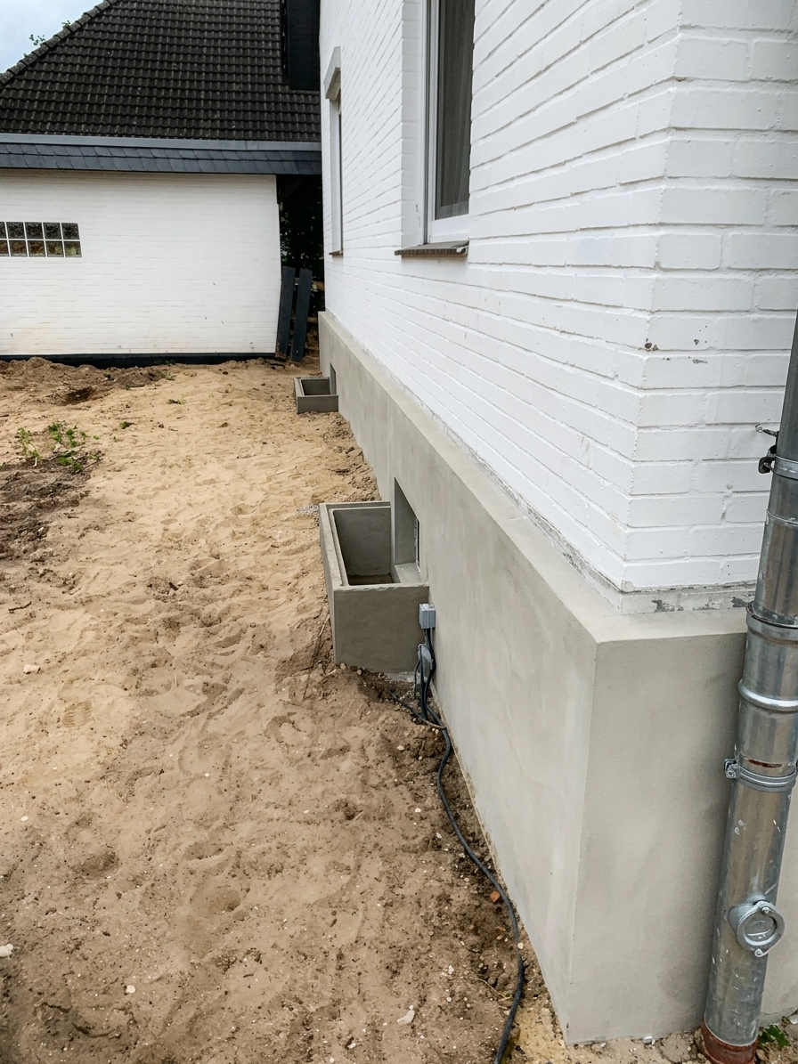 Der fertig verputzte Sockel mit neuen Lichtschächten, bereit für den Terrassen- und Wintergartenaufbau.
