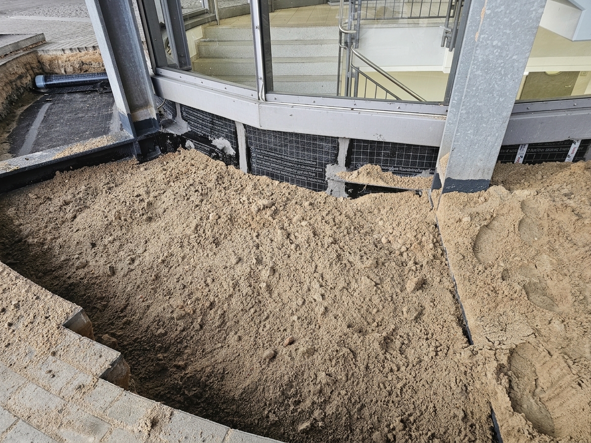 Über der geprüften Abdichtung wird wieder Sand eingebaut – die Basis für den neuen Pflasteraufbau.
