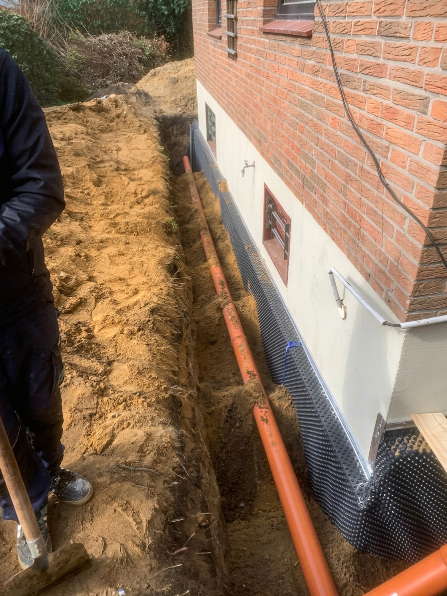 Die neue Drainageleitung liegt in der Grabensohle entlang der geschützten Wand, bereit zur Überschüttung.